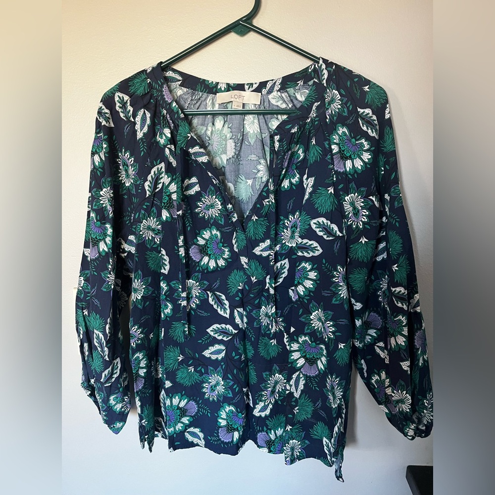 LOFT Navy Floral Blouse with Green and White Accents